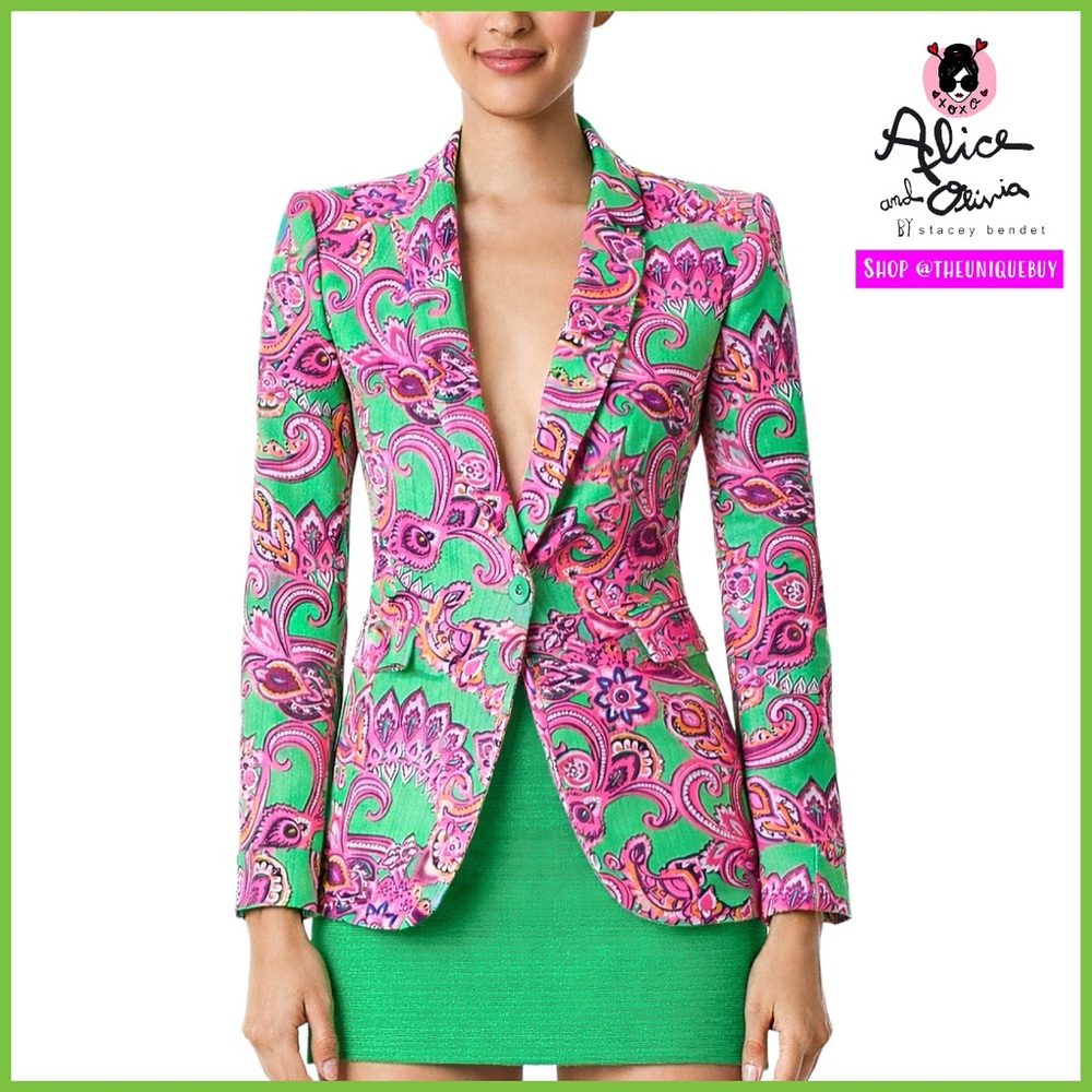 Alice + Olivia Macey Pink Green Cuffed Shawl Paisley Collar Blazer Jacket